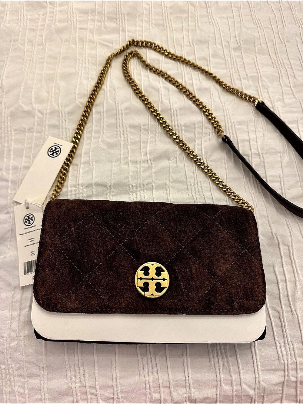 Tory Burch Kira Chevron Small Convertible Shoulder Bag Small Brown & White NWT